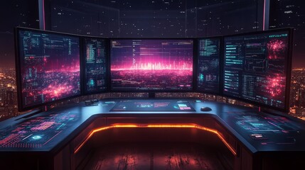 Futuristic data analysis event high-tech command center digital interface urban skyline aerial view cybersecurity concept for enhanced insights