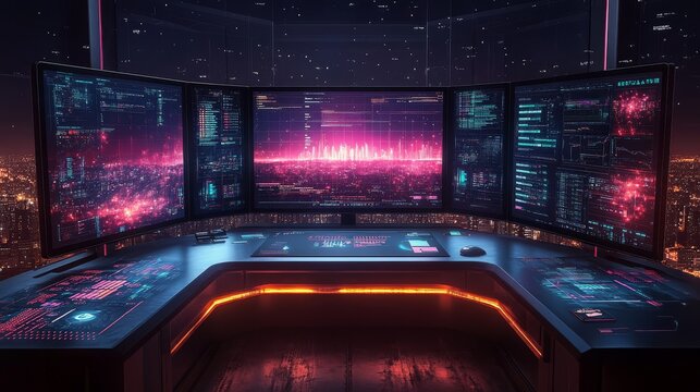 Futuristic data analysis event high-tech command center digital interface urban skyline aerial view cybersecurity concept for enhanced insights