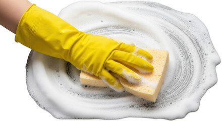 Hand wearing a yellow rubber glove scrubbing with a sponge in white foam, isolated on transparent background