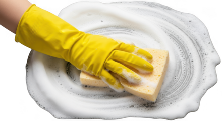 Hand wearing a yellow rubber glove scrubbing with a sponge in white foam, isolated on transparent background