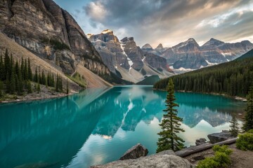 Turquoise Lake and Mountain Peaks Landscape