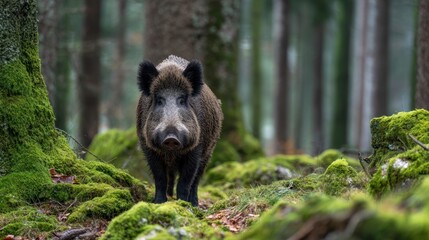 Obraz premium Wild boar in mossy forest