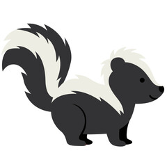 Cute flat illustration of a skunk with black fur, white stripe along back, and fluffy curved tail raised up.