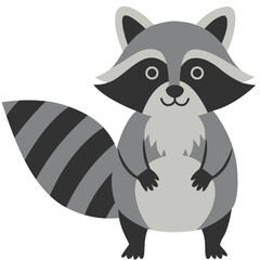 Cute flat illustration of a raccoon with gray fur, striped tail, black mask around eyes, and standing front pose.