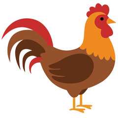 Colorful flat illustration of a rooster with bright red comb, orange neck, brown body, and elegant tail feathers.