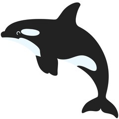  Cute flat illustration of an orca whale with black and white body, playful expression, and smooth curved tail. © Wisnu