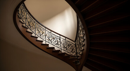 Obraz premium Elegant Spiral Staircase with Ornate Metal Railing Ascending Towards Softly Lit Upper Level Luxury Interior Design