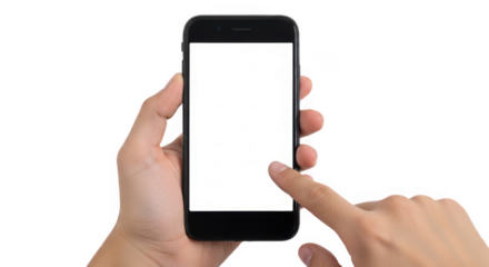 Hand holding a smartphone and touching the screen, isolated on transparent background