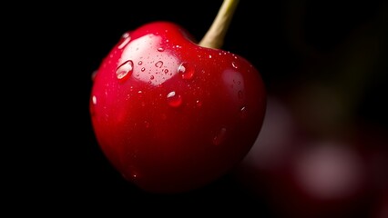 Close-up of a ripe cherry glistening with water droplets, highlighting its vibrant red hue against darkness.