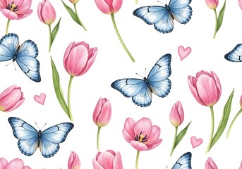 Floral Pattern with Tulips and Blue Butterflies