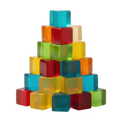 A colorful pyramid of translucent building blocks stacked in a geometric pattern, isolated on a transparent background