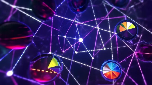 Abstract network of glowing, colorful, interconnected spheres and pie charts