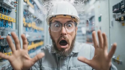 Shocking Revelation: A startled technician experiences a dangerous electrical arc, with his expression of terror mirroring the immediate peril of the situation.