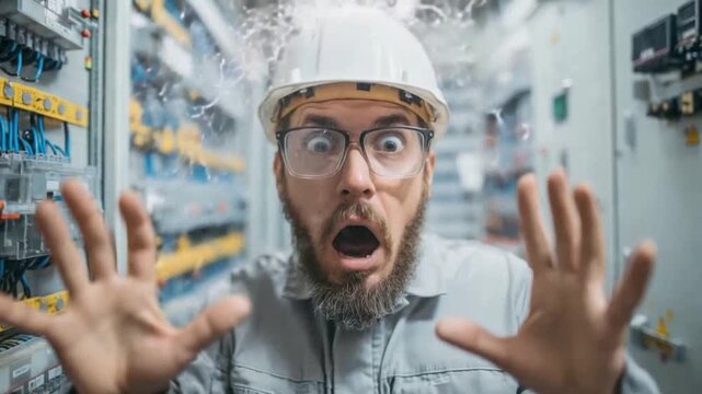 Shocking Revelation: A startled technician experiences a dangerous electrical arc, with his expression of terror mirroring the immediate peril of the situation.