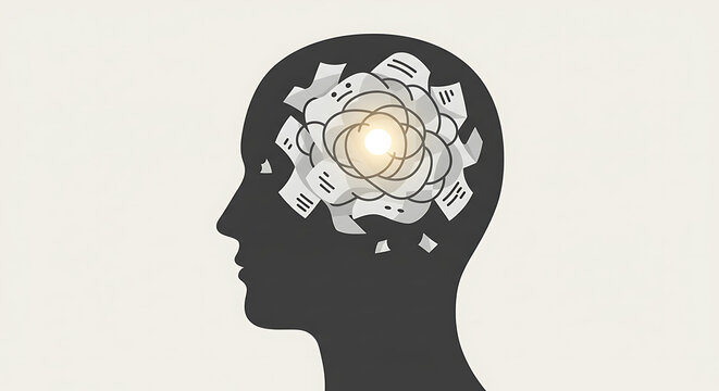Conceptual illustration of the thinking process, with a glowing idea emerging from mental chaos and information overload inside a human head.