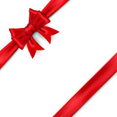 Realistic 3D red ribbon with decorative bow on white background. Elegant gift wrapping element, perfect for present box design and festive decoration.	