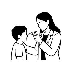 Fototapeta premium Line art of aFemale Doctor Checking Child’s Temperature with Thermometer