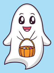 Adorable cartoon ghost holding a basket of Easter eggs cute kawaii