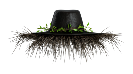 Black Wide Brimmed Hat Adorned with Greenery and Dark Fringe