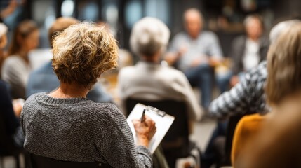 Medium shot capturing a group of participants taking notes and discussing ideas at a local townhall with one speaker in sharp focus contrasting the softly blurred crowd around