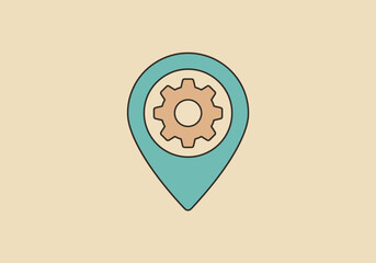 Teal Location Pin with Brown Gear Icon.