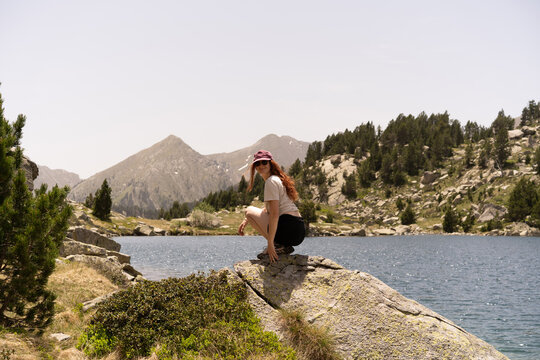 Hiker lake mountain view