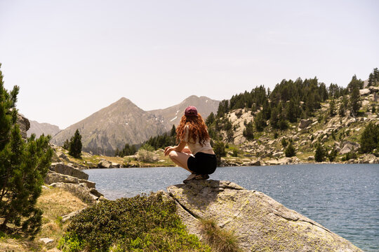Hiker lake mountain view