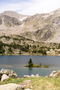 Alpine lake island mountain