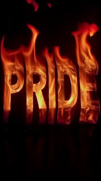 Pride in animated fire letters - burning type treatment of word or phrase - seven deadly sins,  or religious sin and prideful concept,  flaming letter on black background - fires of hell, series