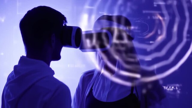 Two people wearing virtual reality headsets in a dark, vibrant blue environment