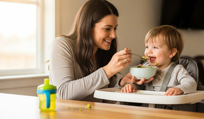 A joyful mother lovingly feeds her happy baby in a high chair at the dining table. The child laughs with delight, capturing a heartwarming and authentic moment of family life.