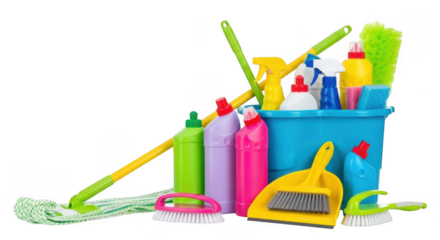 A collection of colorful cleaning supplies including a mop, bucket, broom, dustpan, brushes, and spray bottles, isolated on transparent background