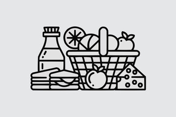 Naklejka premium Picnic Food Basket Line Icon Keywords: picnic, food, basket, bottle, sandwich, fruit, cheese