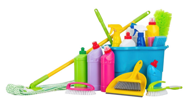 A collection of colorful cleaning supplies including a mop, bucket, broom, dustpan, brushes, and spray bottles, isolated on transparent background