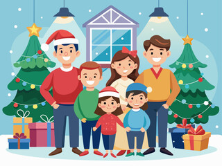 Fototapeta premium Happy Family Celebrating Christmas at Home. Vector Illustration with Tree and Gifts
