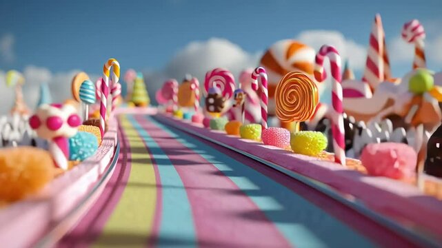 Colorful Candy Land with Lollipop Trees and Sweet Treats Pathway with ai generated