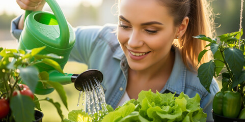 A happy young woman smiles while gently watering her green vegetable plants. The natural sunlight illuminates her face, capturing a serene and joyful moment of gardening and connection with nature.