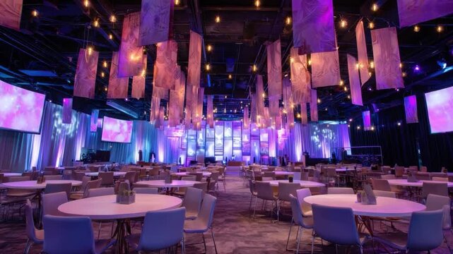 Elegant Event Venue: An eye-level perspective of a meticulously decorated banquet hall showcases a stylish event setup, with round tables gracefully arranged and adorned with flowers.