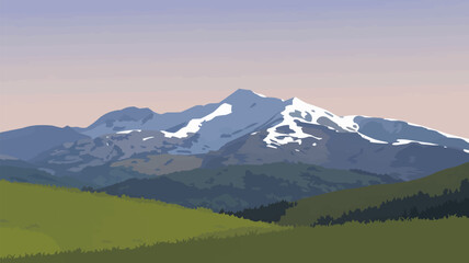Pixel art majestic snow capped mountain range at dusk