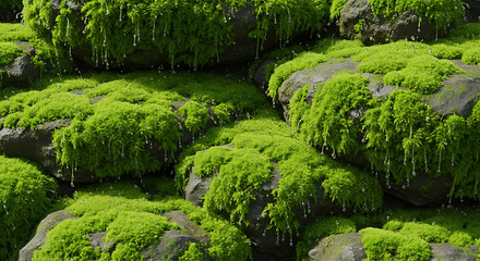 Close up of rocks covered in bright green moss with water droplets hanging from the moss strands