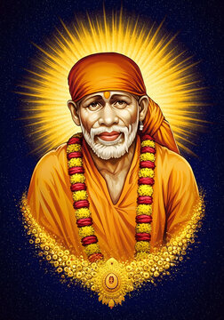 Divine Portrait of Shirdi Sai Baba with Golden Halo and Floral Garlands - Spiritual Art.