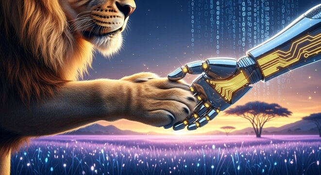 A lion shaking hands with a robot arm in a field with binary code and trees at sunset