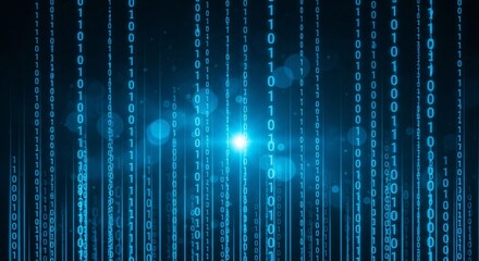 A digital matrix background featuring vertical streams of blue binary code with a bright central glow effect
