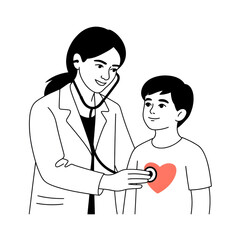 Line art of A female doctor checking a boy's heartbeat