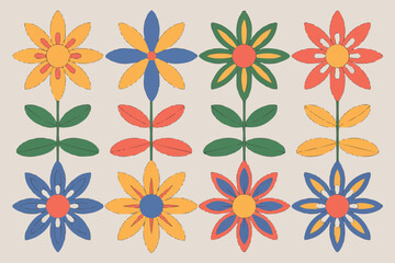 Obraz premium Retro Floral Pattern with Eight Stylized Flowers vintage
