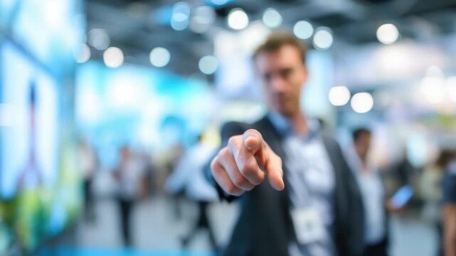 Decision Maker's Directive: A sharp-suited man, his gaze fixed with intent, extends a finger, embodying decisive leadership in a bustling business landscape.