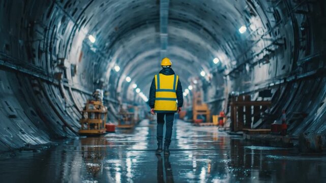 Tunnel Vision: An engineer stands in the heart of a modern tunnel construction site, leading the way forward, showcasing the engineering marvel and human dedication to creation.
