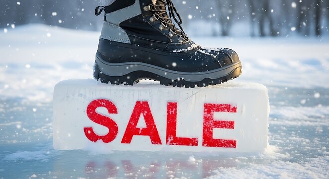 Seize the moment and grab incredible winter deals with this striking boot resting on an icy 'SALE' block, perfect for seasonal promotions and outdoor gear advertising.