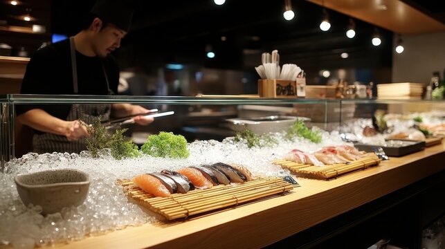 Fresh Sushi Preparation at Stylish Japanese Restaurant Counter
