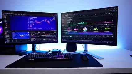 Two computer monitors displaying financial data, with a keyboard and mouse on a desk - Powered by Adobe